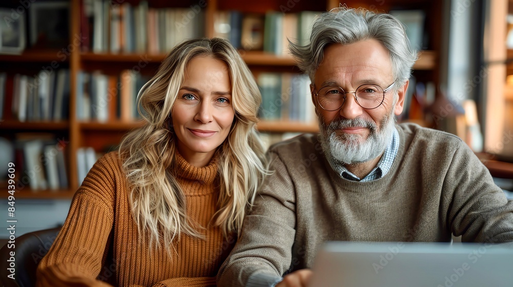 A professional headshot of a man and a woman sitting side by side in front of a bookshelf A professional headshot of a man and a woman sitting side by side in front of a bookshelf