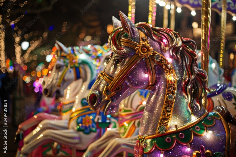 Experience the magic of Mardi Gras with our whimsical float, featuring a dazzling carousel adorned with ornate horses and twinkling lights, creating an enchanting spectacle for all to enjoy. Experience the magic of Mardi Gras with our whimsical float, featuring a dazzling carousel adorned with ornate horses and twinkling lights, creating an enchanting spectacle for all to enjoy.