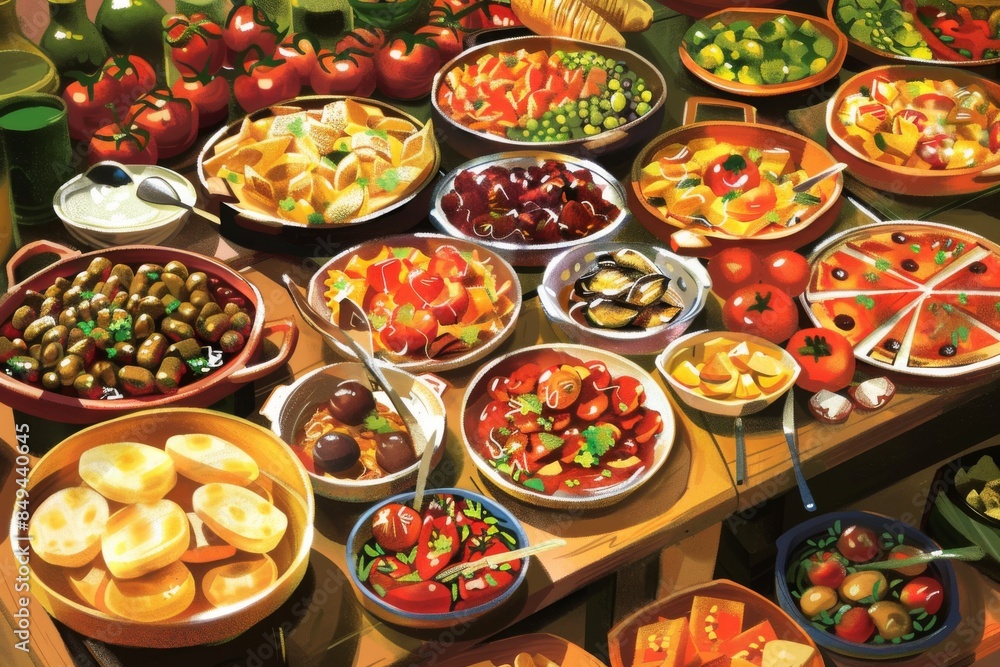 Indulge in a vibrant array of mouthwatering Spanish delicacies, beautifully displayed at the Fiesta. Experience the rich flavors and colorful traditions of Spain in this delectable illustration. Indulge in a vibrant array of mouthwatering Spanish delicacies, beautifully displayed at the Fiesta. Experience the rich flavors and colorful traditions of Spain in this delectable illustration.