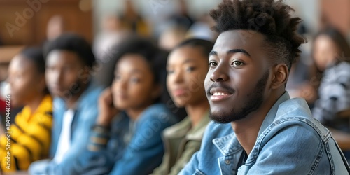 A Black student participates in a college lecture with classmates. Concept College, Lecture, Student, Diversity, Education