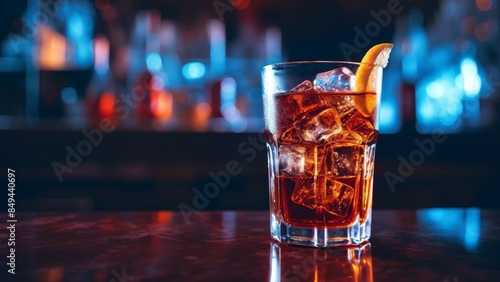 Carbonated alcoholic cocktail with ice on a bar counter with copyspace