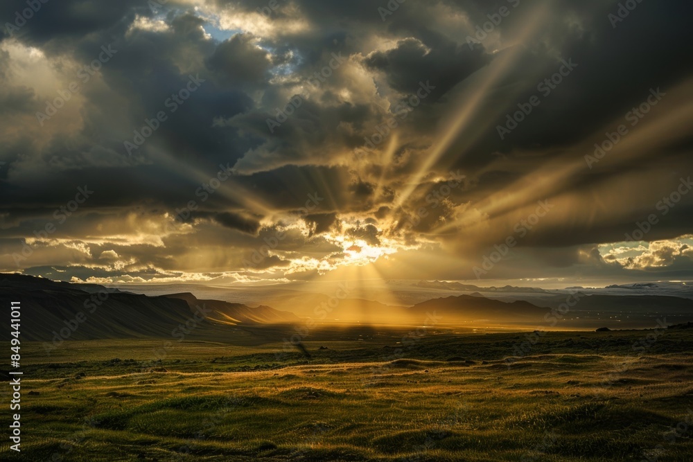 Experience the breathtaking beauty of Iceland's rugged landscape as the sun's rays pierce through a dense patch of clouds under the magical Midnight Sun. Experience the breathtaking beauty of Iceland's rugged landscape as the sun's rays pierce through a dense patch of clouds under the magical Midnight Sun.