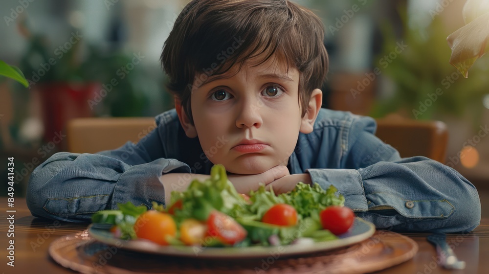 boy doesn't want eat healthy vegetables on the salad plate in front of him. boy doesn't want eat healthy vegetables on the salad plate in front of him.