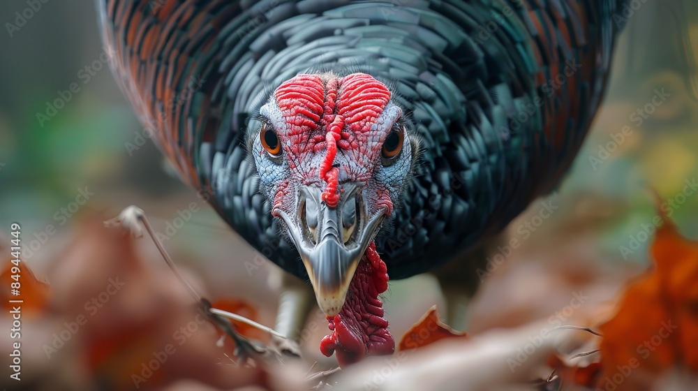 The image shows a wild turkey looking straight at the camera with an ...