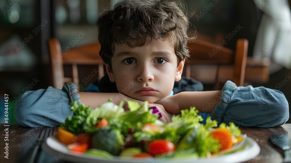boy doesn't want eat healthy vegetables on the salad plate in front of him. boy doesn't want eat healthy vegetables on the salad plate in front of him.