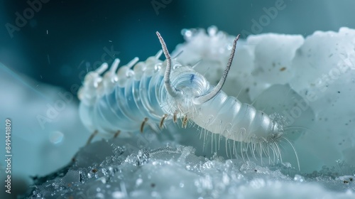 The image shows an up close photograph of a white translucent isopod. photo