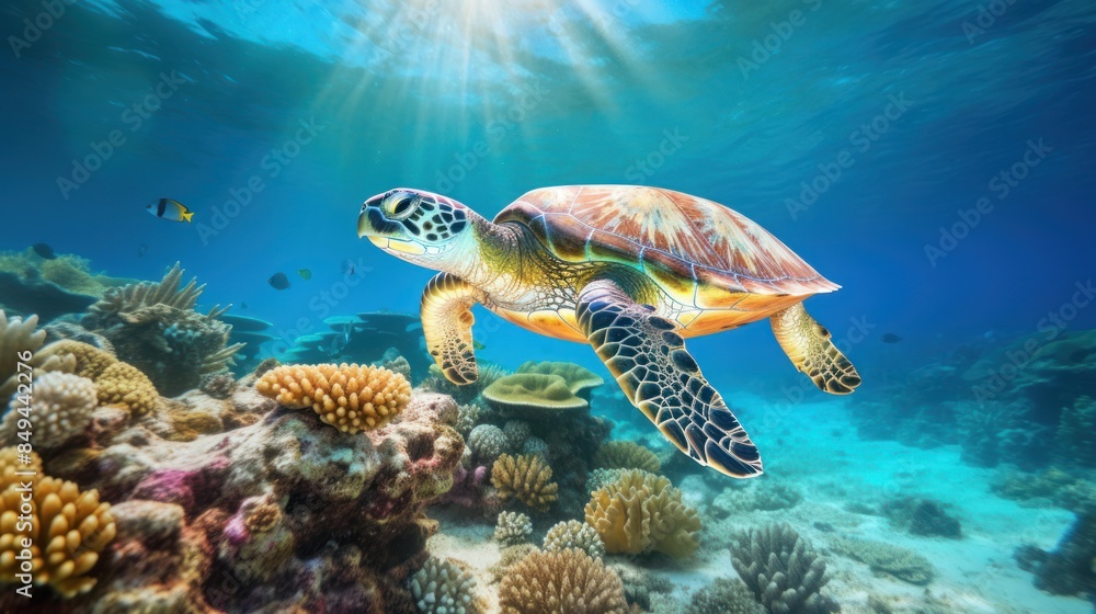 Obraz premium Wildlife photography of a green sea turtle swimming among colorful coral reefs, 