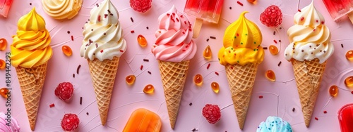 Seamless pattern of colorful ice cream cones and popsicles against a summary background.
