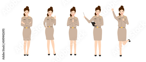 Woman Thai government officer, teacher, civil servant uniform, government job character, education worker character vector illustration