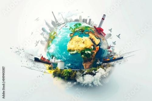 Earth surrounded by airplanes, trucks, and cargo ships symbolizing global trade and international commerce photo