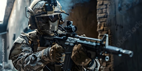 Stealthy Elite Soldier Utilizes Advanced Weapons in Urban Setting During Night Operations. Concept Stealth Operations, Elite Soldiers, Advanced Weapons, Urban Setting, Night Operations