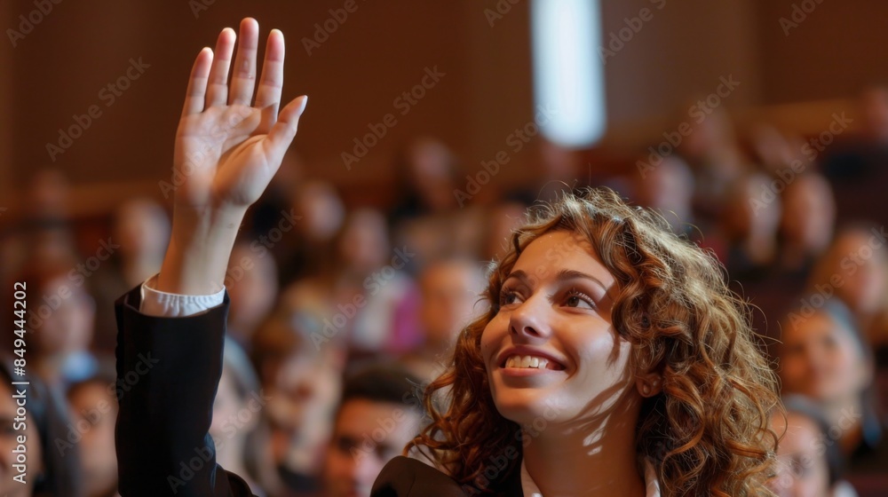 Fototapeta premium Happy businesswoman raising hand to ask a question attending a seminar in conference hall