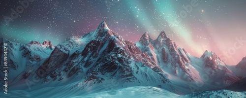 Snow-capped peaks illuminated by the Northern Lights, 4K hyperrealistic photo