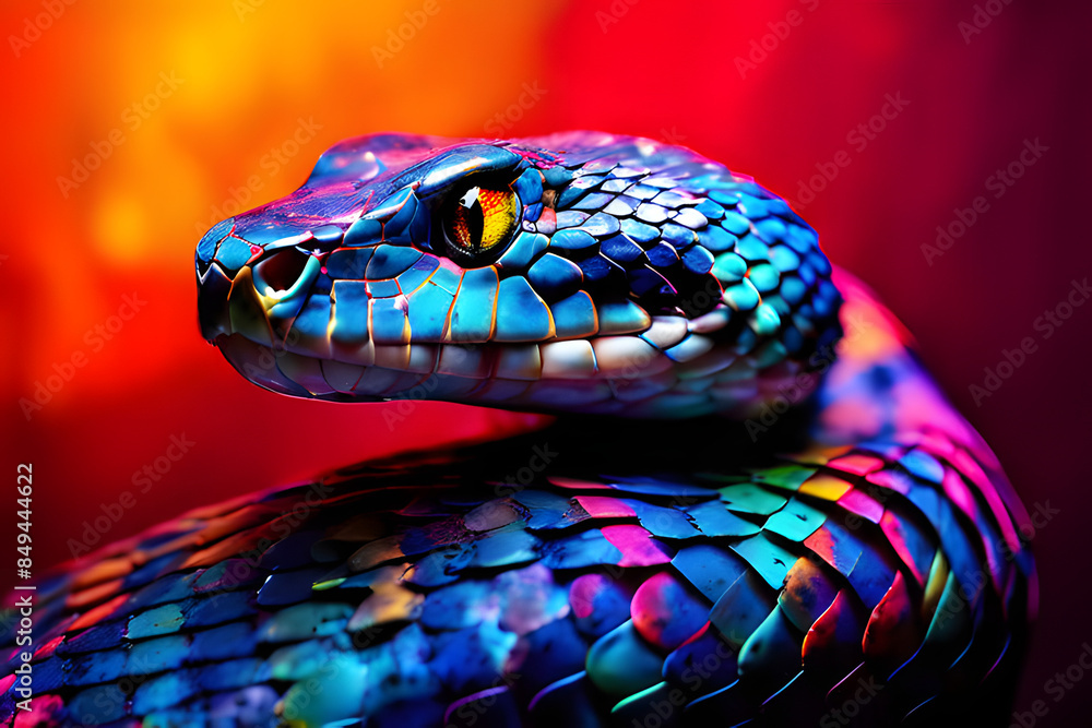 Fototapeta premium A vibrant abstract portrait of a viper snake, its scales adorned with a kaleidoscope of colors. The snake's skin is a canvas for a riot of hues, creating a mesmerizing interplay of light and shadow. 
