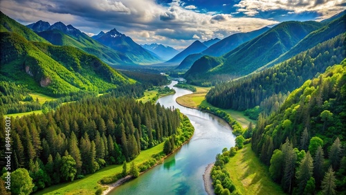 Winding river through lush valley with mountains and forests , River, valley, mountains, forests, landscape, scenic