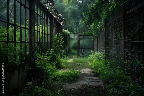 An abandoned zoo, the enclosures overgrown and the paths untrodden photo