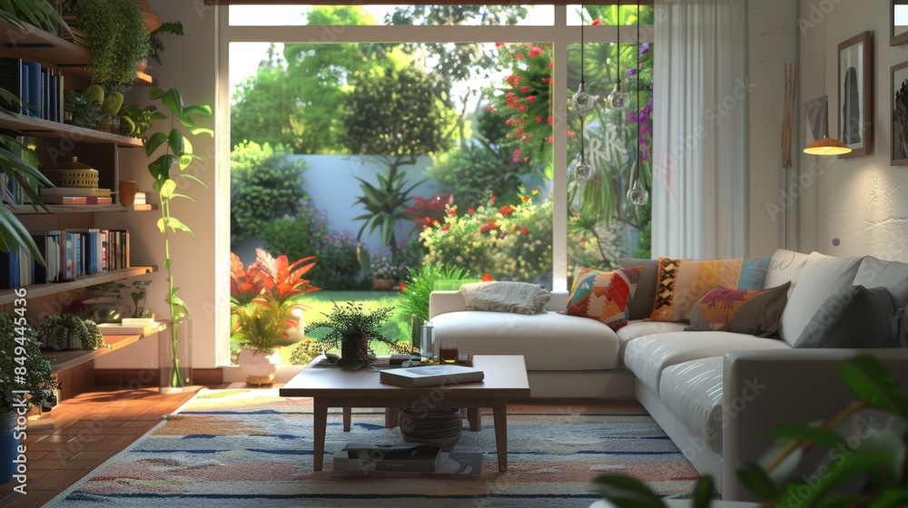 Fototapeta premium Modern cozy living room with warm lighting, a comfortable sofa with colorful cushions, a wooden coffee table, and a large window providing a garden view, complemented by a bookshelf filled with books