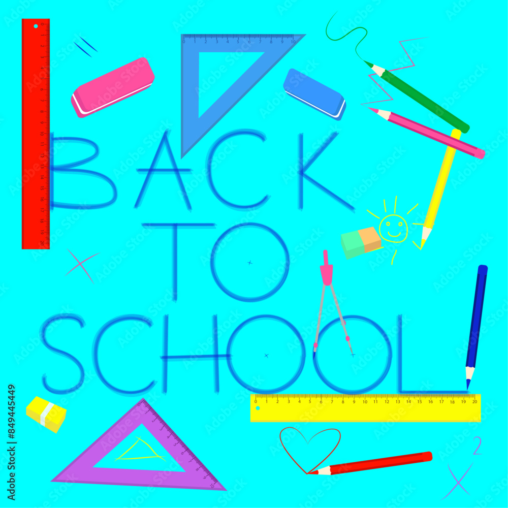 Back to school: letters surrounded by erasers, rulers, and compasses on a blue background. Back to school: letters surrounded by erasers, rulers, and compasses on a blue background.