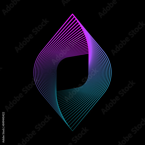 Abstract geometric design in diamond shape with smooth curved lines on black background. Lines transition in gradient color from vibrant pink at top to cool blue at bottom