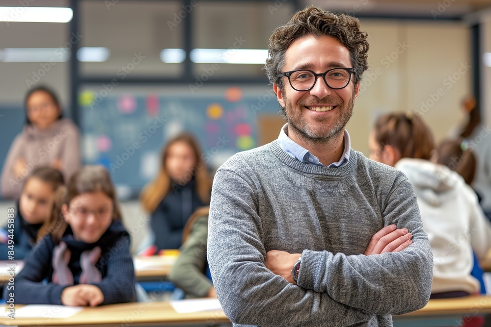 Happy teacher with curly hair and glasses posing in classroom. Group of students sitting at desks and learning. Educational, positive atmosphere. Perfect for school and education visuals Happy teacher with curly hair and glasses posing in classroom. Group of students sitting at desks and learning. Educational, positive atmosphere. Perfect for school and education visuals