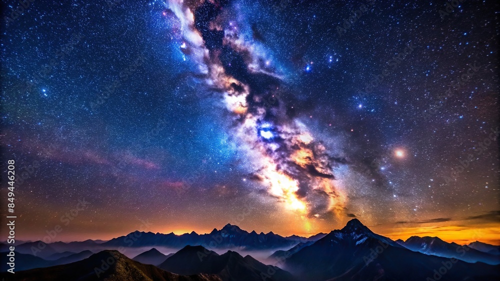 Night sky over mountains with bright milky way , milky way, night sky, mountains, stars, universe, galaxy