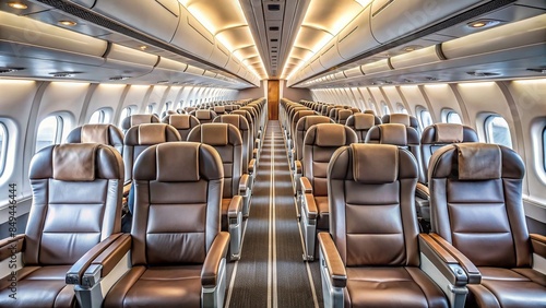 A panoramic view of an empty modern airplane with rows of seats , airplane, empty, passenger jet, modern, interior © wasan