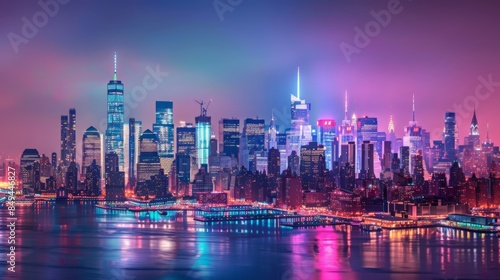 Manhattan skyline at night , New York City panoramic night view photo