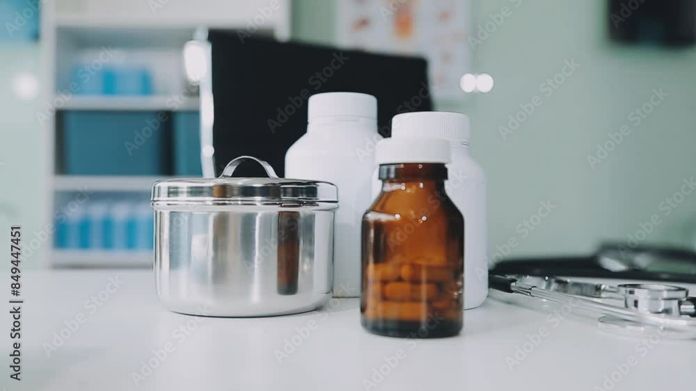 Doctor and nurse examining patient's medical records and medical team working on the background Doctor and nurse examining patient's medical records and medical team working on the background