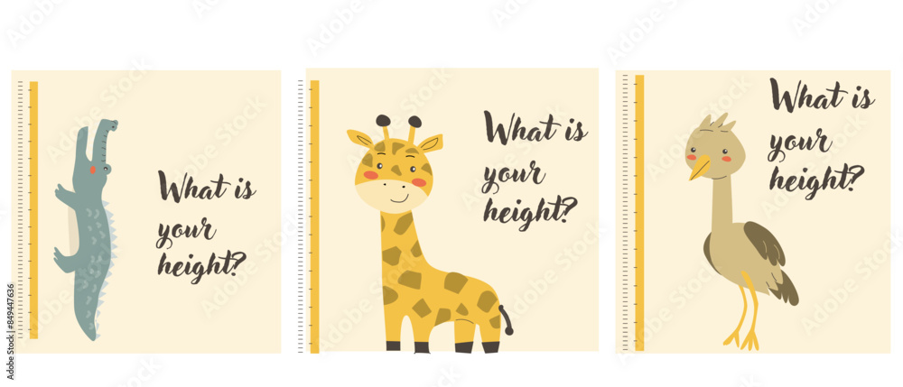 Kids height chart concept. Beautiful yellow ruler with cute crocodile, giraffe and ostrich. Growth measurement equipment. Cartoon flat cute african animals with ruler set.