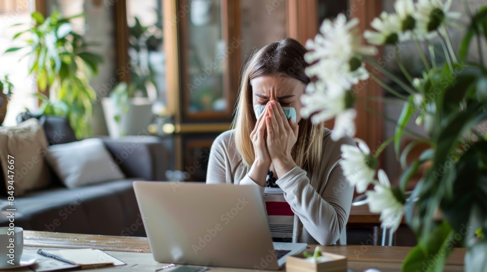 Laptop, remote work and sick woman in home office with flu, cold or viral infection in her house. Freelance, sneeze and lady Laptop, remote work and sick woman in home office with flu, cold or viral infection in her house. Freelance, sneeze and lady