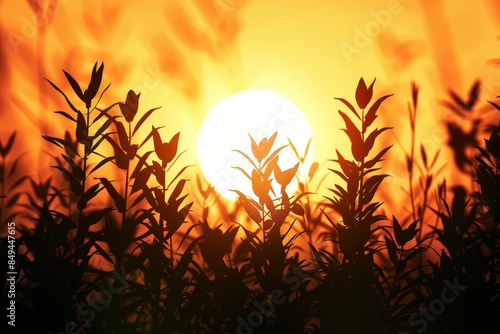 A sun is setting behind a field of tall grass