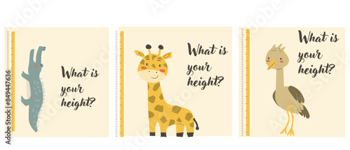Kids height chart concept. Beautiful yellow ruler with cute crocodile, giraffe and ostrich. Growth measurement equipment. Cartoon flat cute african animals with ruler set.
