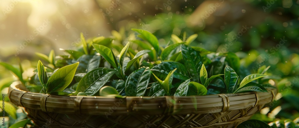 Closeup of freshly plucked organic tea buds and leaves arranged on a bamboo basket, detailed view of vibrant green leaves and delicate buds, natural light highlighting textures, traditional tea proces Closeup of freshly plucked organic tea buds and leaves arranged on a bamboo basket, detailed view of vibrant green leaves and delicate buds, natural light highlighting textures, traditional tea proces