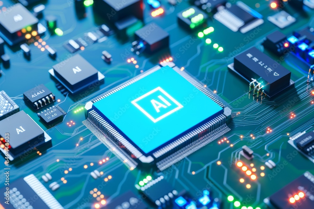 High tech AI chip embedded in motherboard, showcasing the heart of computing and digital evolution. High tech AI chip embedded in motherboard, showcasing the heart of computing and digital evolution.