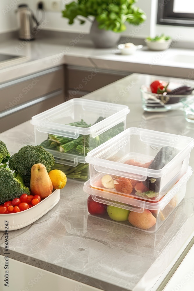 Clear Plastic Storage Container Filled With Fresh Produce in Kitchen Clear Plastic Storage Container Filled With Fresh Produce in Kitchen