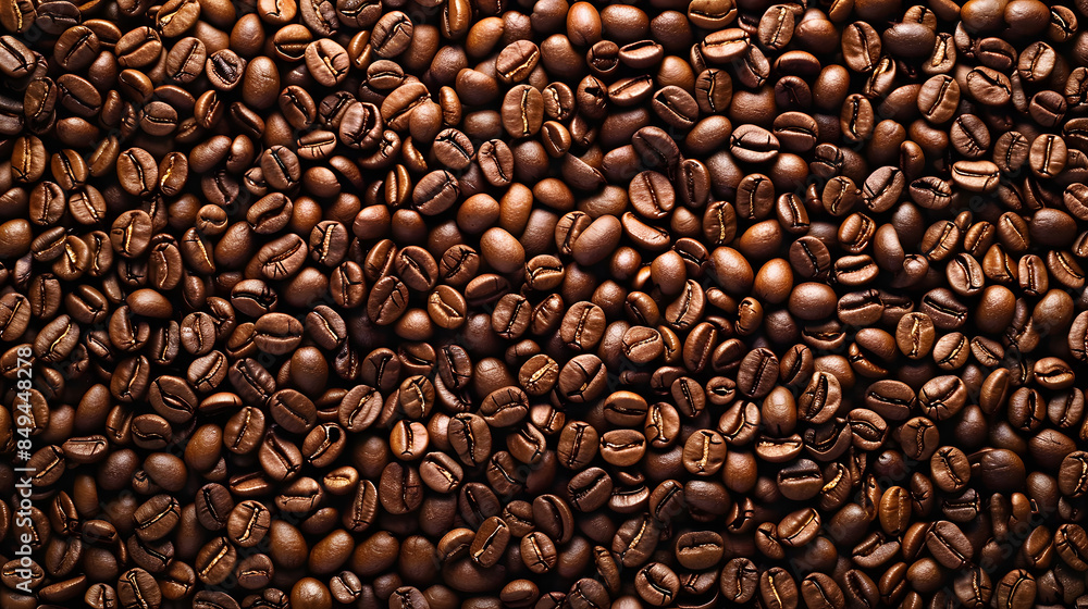 Obraz premium Top view of brown coffee beans scattered on the surface.