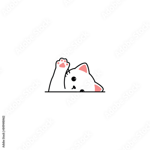 Cute white cat waving paw cartoon, vector illustration