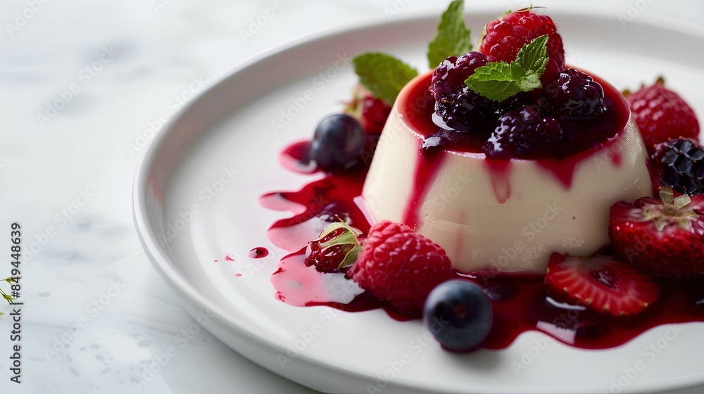 A silky panna cotta with a smooth texture, topped with a vibrant berry compote and garnished with fresh raspberries, blueberries, and mint leaves, served on a pristine white plate. A silky panna cotta with a smooth texture, topped with a vibrant berry compote and garnished with fresh raspberries, blueberries, and mint leaves, served on a pristine white plate.