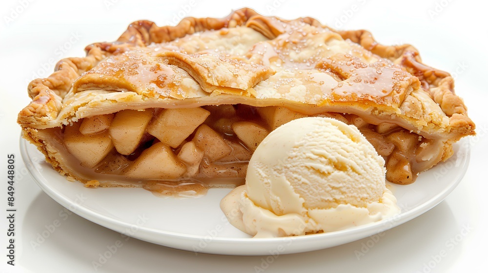 A warm apple pie with a flaky crust and spiced apple filling, topped with a generous scoop of vanilla ice cream, served in a white pie dish. A warm apple pie with a flaky crust and spiced apple filling, topped with a generous scoop of vanilla ice cream, served in a white pie dish.