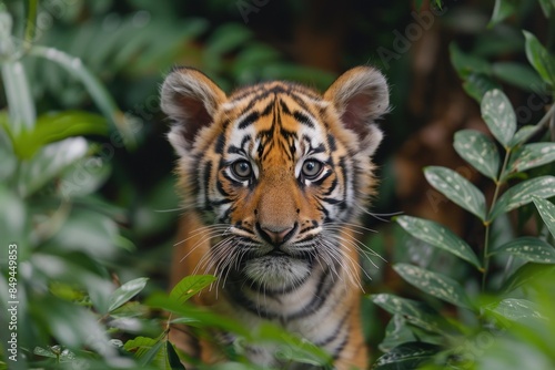 Baby Tiger: A curious tiger cub with orange fur and black stripes, prowling through the dense jungle foliage.