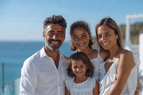 happy family with two children standing in Greece resort. ai generated © dark_blade