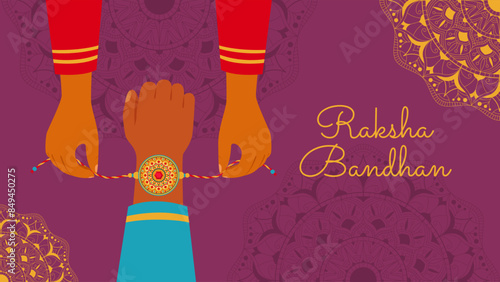 Indian holiday Raksha Bandhan.Sister giving rakhi bracelet to brother.Horizontal banner.Greeting card.Vector stock illustration.