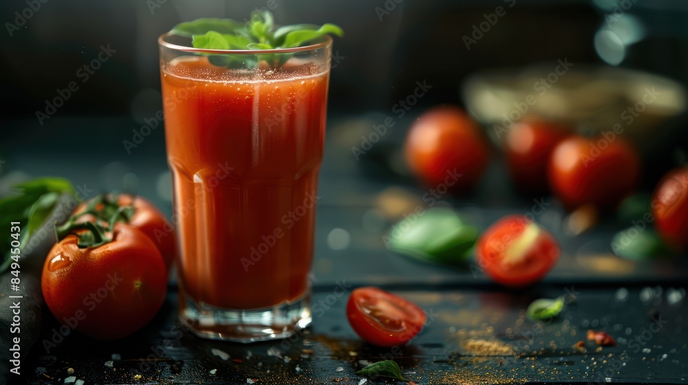 Fresh Tomato Juice With Herbs and Whole Tomatoes on Wooden Surface Fresh Tomato Juice With Herbs and Whole Tomatoes on Wooden Surface