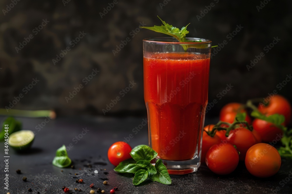 Fresh Tomato Juice With Herbs and Whole Tomatoes on Wooden Surface Fresh Tomato Juice With Herbs and Whole Tomatoes on Wooden Surface