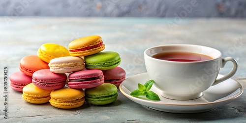Colorful macarons on a plate next to a cup of tea, watercolor, painting, macarons, plate, tea, colorful, vibrant, dessert