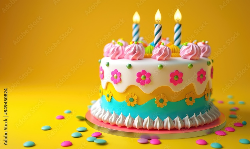 Birthday cake 3D graphics on a bright yellow background Birthday cake 3D graphics on a bright yellow background