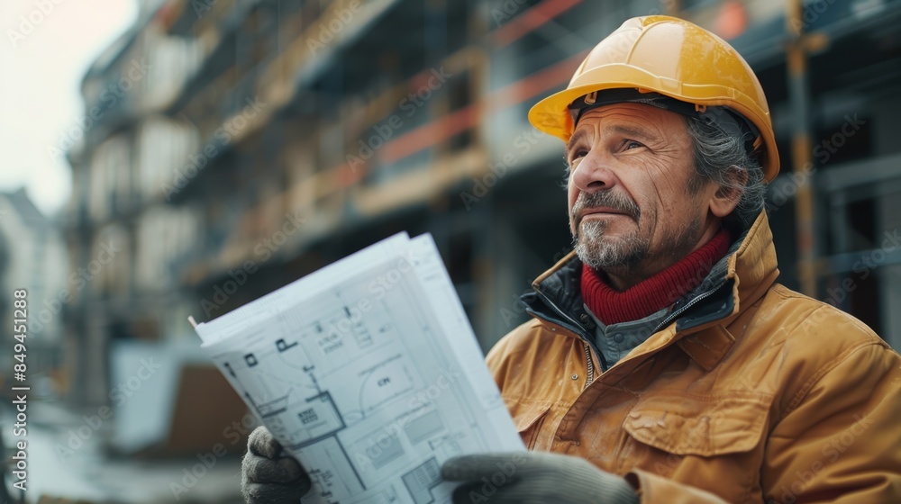 An architect or engineer studying blueprints and discussing plans with a team of builders at a construction site, preparing to reconstruct a building. An architect or engineer studying blueprints and discussing plans with a team of builders at a construction site, preparing to reconstruct a building.