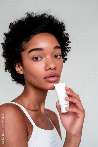 jeune femme à la peau matte, tenant dans sa main un tube blanc sans marque pour marque blanche, maquette, peau jeune et saine, soin dermatologique, pour visage