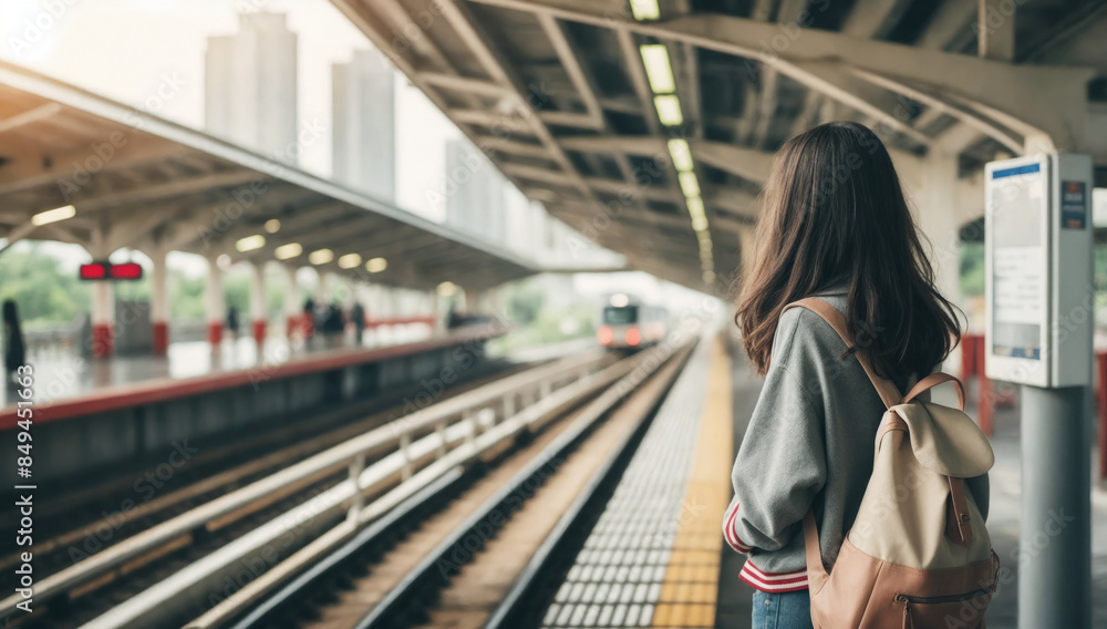 A young girl with a backpack stands on a railway platform against the backdrop of an approaching train during daylight hours. A young girl with a backpack stands on a railway platform against the backdrop of an approaching train during daylight hours.