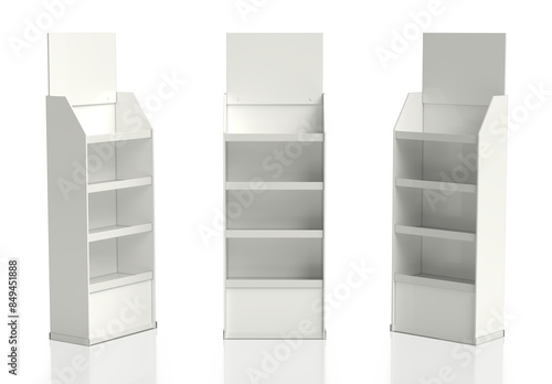 Retail temporary cardboard POS displays. 3d illustration set on white background